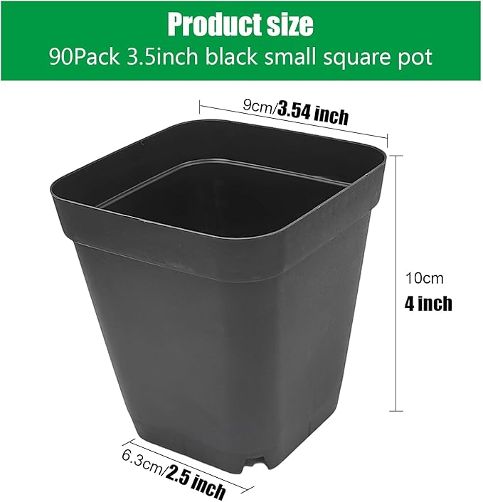 Square Nursery Pots 3.54Inches 90 Pcs Seedling Flower Post Plastic Thick Seed Start Germination for Plant PropagationSturdy Suit for 1020 Trays(Black3.54Inches90Pcs)