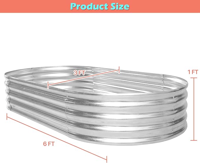 HKLGorg Galvanized Raised Garden Bed 6 x 3 x 1ft Galvanized Metal Planter Box Oval Large Raised Garden Beds for Flowers Vegetables and Fruits Rustproof Planter Box with No Bottom Silver