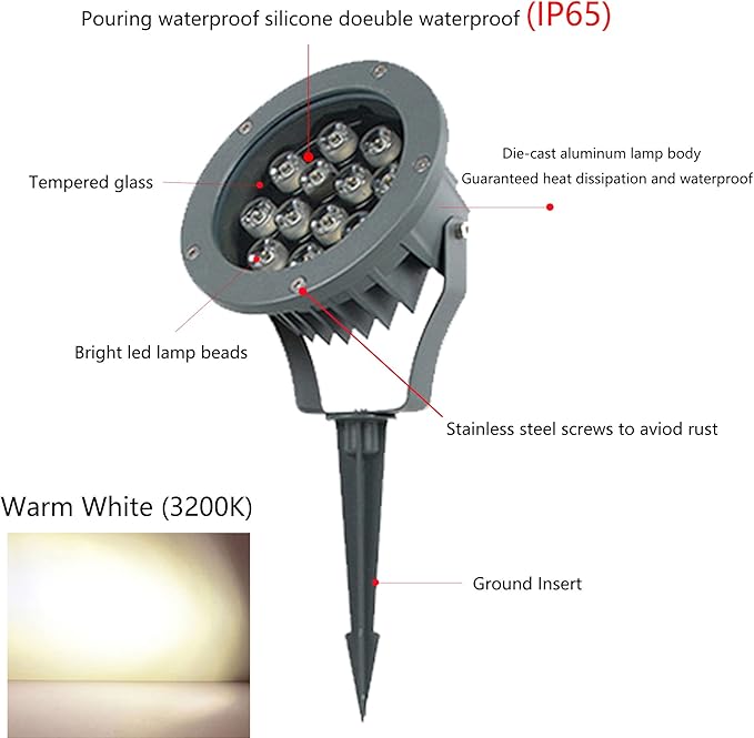 Kiven Outdoor Landscape LED Lighting 12W Waterproof Plug-in Garden Lights COB Led Spotlights with Spiked Stand for Indoor Outdoor Wall Lighting Lawn Decorative Lamp Floor Spot Lights Warm White
