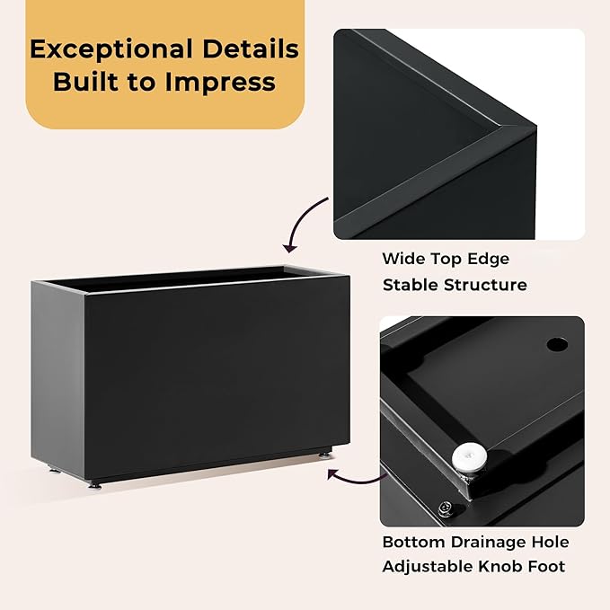 16-Inch Tall Metal Planter Raised Garden Bed 26Wx10Dx16H Planter Box for Plants Vegetables &amp Vines Features Drainage Holes &amp Adjustable Feet Easy Assembly Black