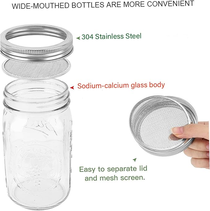 Sprouting Jar 2 Sets Wide Mouth Seed Sprouter with Mesh Lid 16oz Sprouting Kit with Adjustable Stand 4.92in Transparent Sprouts Growing Kit for Beans Broccoli
