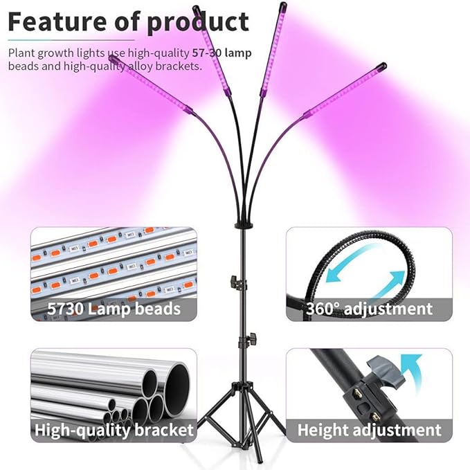 Grow Lights for Indoor Plants Full Spectrum Four Head Clip-on Plant Lamp with Full Spectrum &amp Red Blue Spectrum 3/9/12H Timer 1.2m Stand Suitable for Indoor Plants Growth