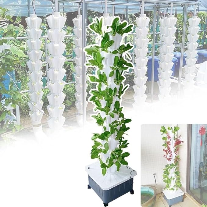 Hydroponics Tower Garden Vertical Growing System KitAquaponics Growing SystemNursery Germination Kitwith Hydrating Pump Adapter.for Herbs Fruits and Vegetables(Ivory8layers)