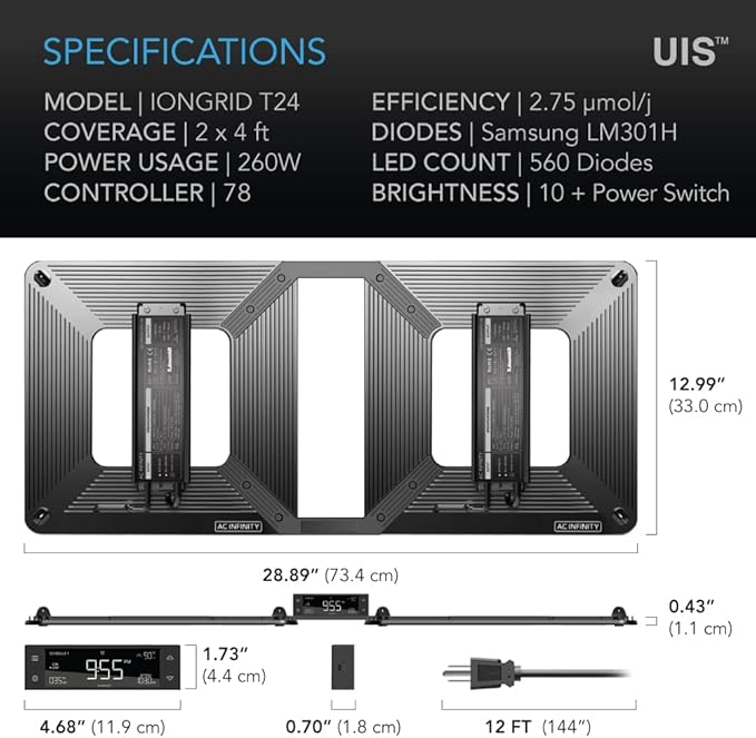 AC Infinity IONGRID T24 LED Grow Light with Samsung LM301H Diodes Full Spectrum Deeper Penetration Halo Coverage Digital Dimming Controller for Veg Bloom Indoor Plants in Grow Tents Greenhouses