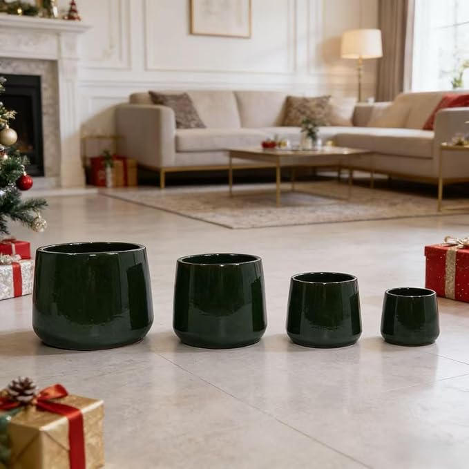 Handmade Solid Glazed Ceramic Planter Set of 4 141197 Inch Diameter Deep Green for Succulents and Cacti Outdoor G Indoor Stairs Use Breathable Clay with Drainage Holes
