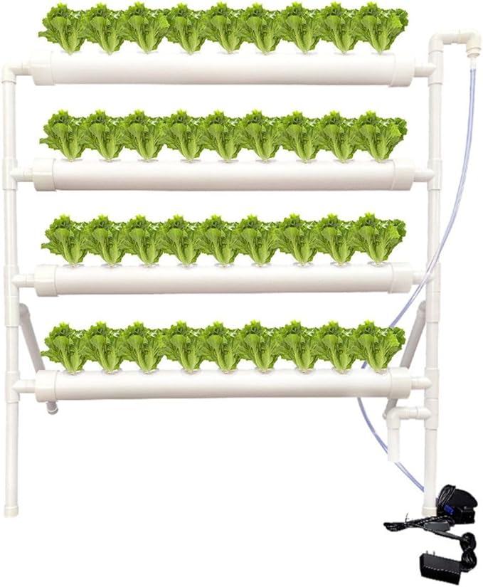 36-Pod Hydroponic Plant Growing System – PVC Vertical Soilless Indoor/Outdoor Garden Kit | White Tower with 36 Baskets Sponges AU/US Plug &amp Soft Tube | Ideal for Home Gardening