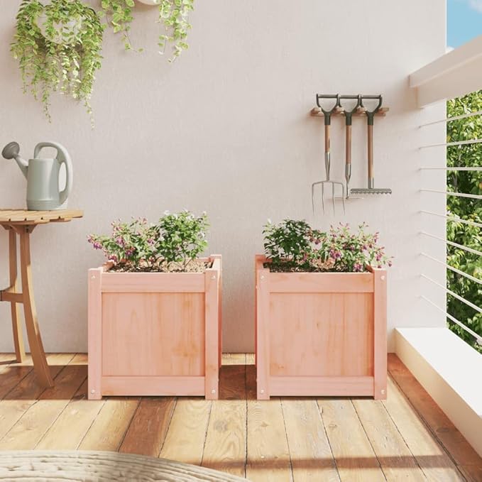 Set of 2 Large Outdoor Wood Planter 15.7 in Square Raised Garden Box Untreated Douglas Fir Patio Raised Bed Container for Flowers Herbs Vegetables