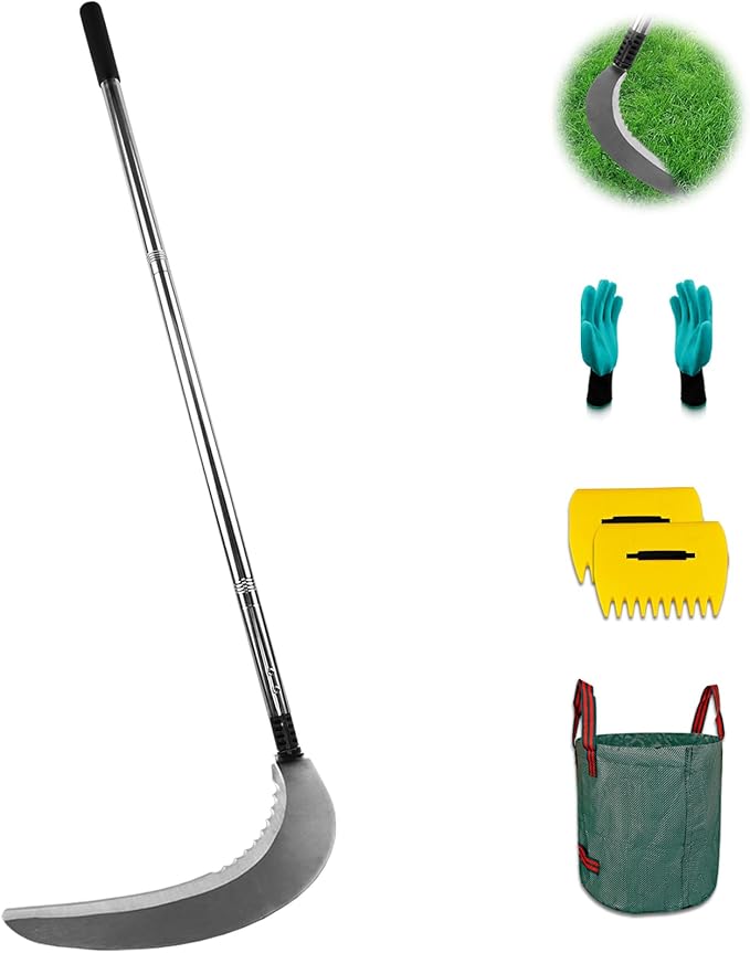 Sickle Garden Tool Set Long Handle Weeding Sickle with Serrated Double-Edged Blade Grass Sickle Stand Up Weeding Tool with 2 Pack Leaf Scoops 16 Gallon Lawn Bag with Gardening Gloves for Yard