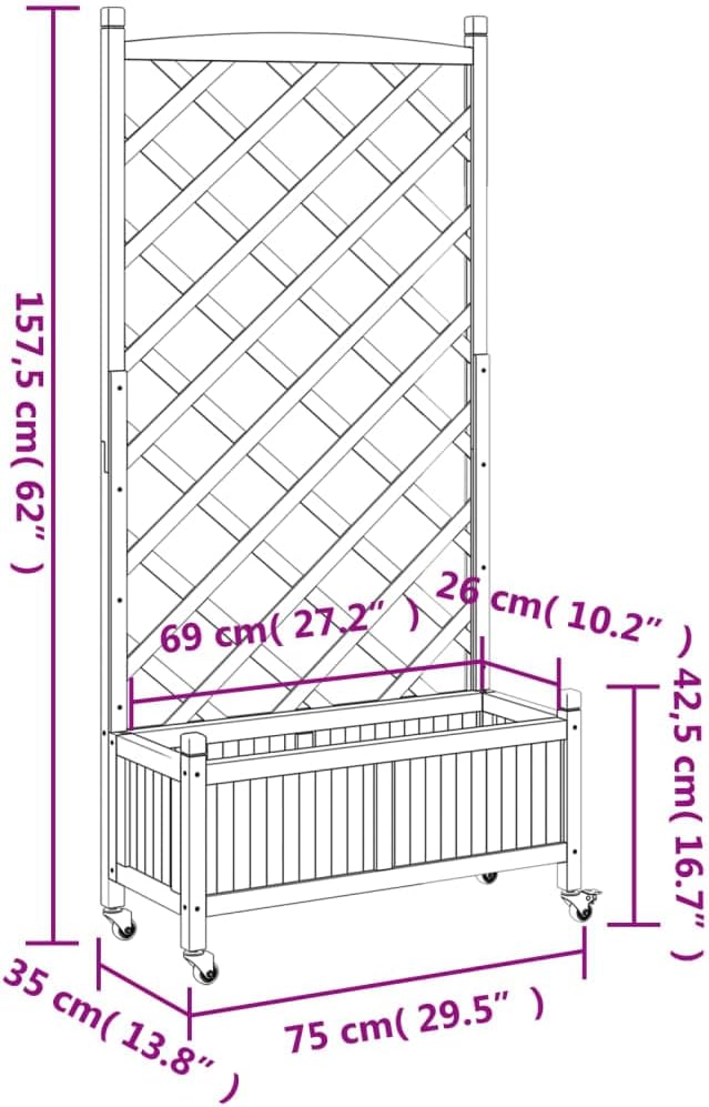 Raised Garden Bed Planter with Trellis and Wheels Brown Solid Fir Wood Outdoor Planter Box for Climbing Plants and Vegetables with Drainage and Ventilation