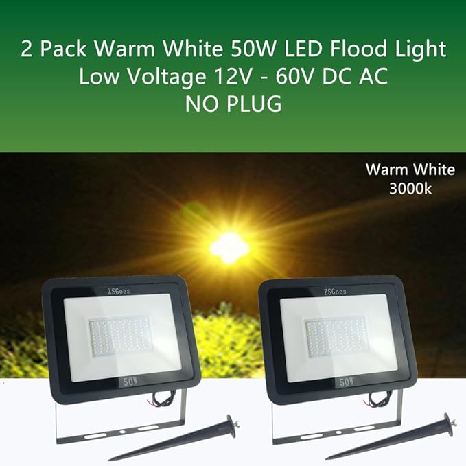 2 Pack Warm White 50W LED Flood Light Outdoor Waterproof IP65 Wall Security Landscape Lamp Home Square Yard Garage Street Pathway Spike Stand Low Voltage 12V 24V 36V 48V 60V DC AC