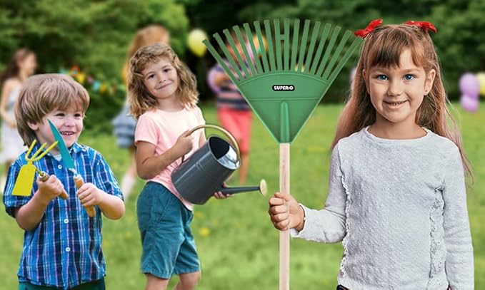 Superio Green Adult and Kids Garden Rakes with Hardwood Handle Durable Plastic Collect Loose Debris and Leaves in Lawn and Among Delicate Plants