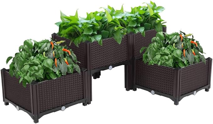 4pcs Garden BedModern Rattan-Style Plastic Raised Bed Garden Planter Stand Set for Backyard Kit for Flower Vegetable Grow Indoor Outdoor Brown