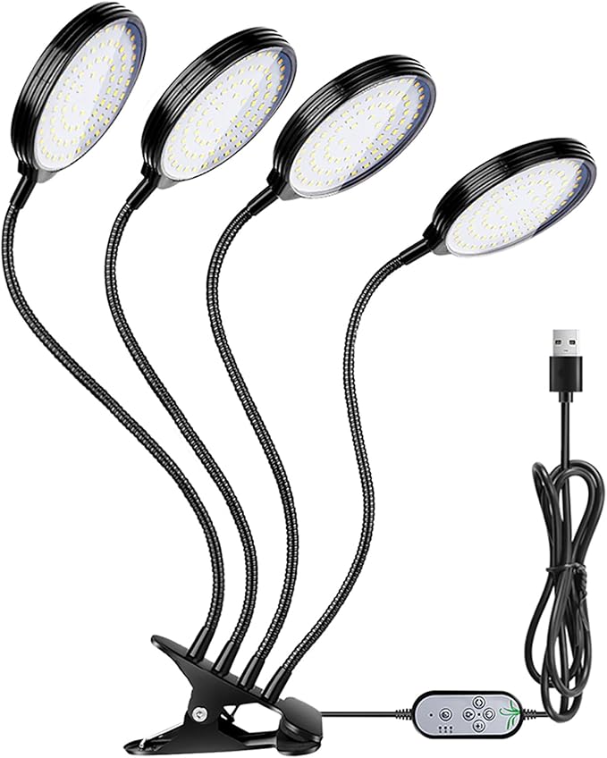 Drfeify 45W Plant Grow Light Adjustable Brightness 5 Dimmable Levels Full Spectrum Lighting with Timer 360° Flexible Tube IP66 Protection for Indoor Gardens Potted Plants Farms (4 Heads)