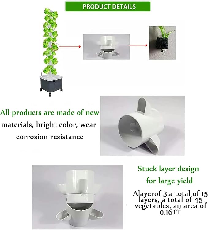 Hydroponic Culture Vertical Tower of Interior Hydroponic Culture of 15 Layers and 45 Holes with Cultivation LED Light Garden Tower Culture Kit to Grow