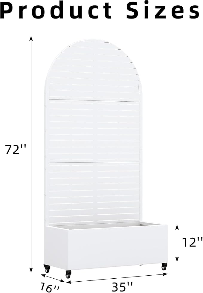 Casaphoria Metal Raised Garden Bed with Trellis and Wheels 72x35x16 Arched Planter Box for Climbing Plants Vegetables &amp Vines Features Drainage Holes and Privacy Screen (White-Louvered)