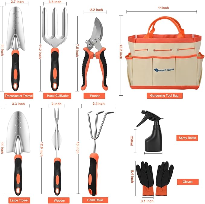 Yesker Gardening Tools 9-Piece Heavy Duty Garden Tool Set Gardening Supplies Gifts for Women Men Gardening Hand Tool Kit with Non-Slip Ergonomic Handle Garden Bag Durable Gloves and Shears Orange