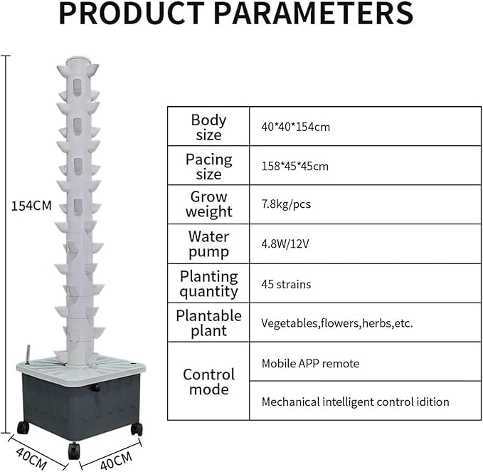 45Holes Hydroponic Grow Tower Vertical Hydroponics Indoor Self-Watering Growing System Soilless Cultivation Grow Tower Aeroponics Growing Kit with Hydrating PUM