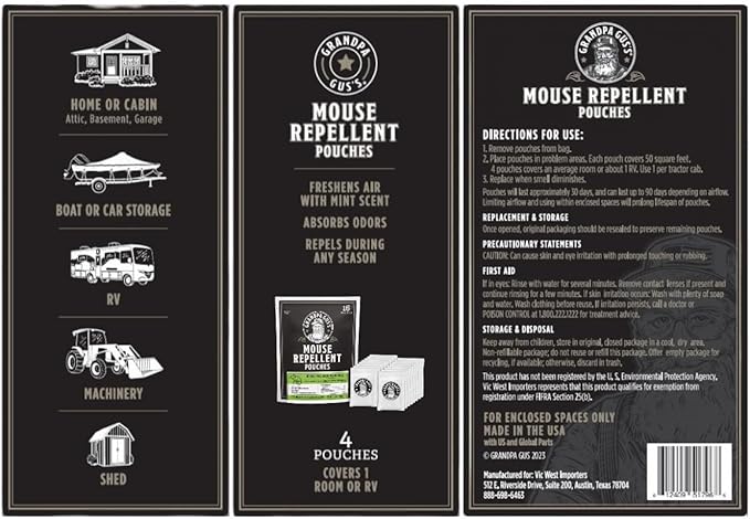Grandpa Gus's Natural Mouse Repellent Pouches Cinnamon/Peppermint Oils Repel Mice from Nesting in Home/Cabin/Boat/Car Storage/RV/Machinery/Shed (16 Pouches)