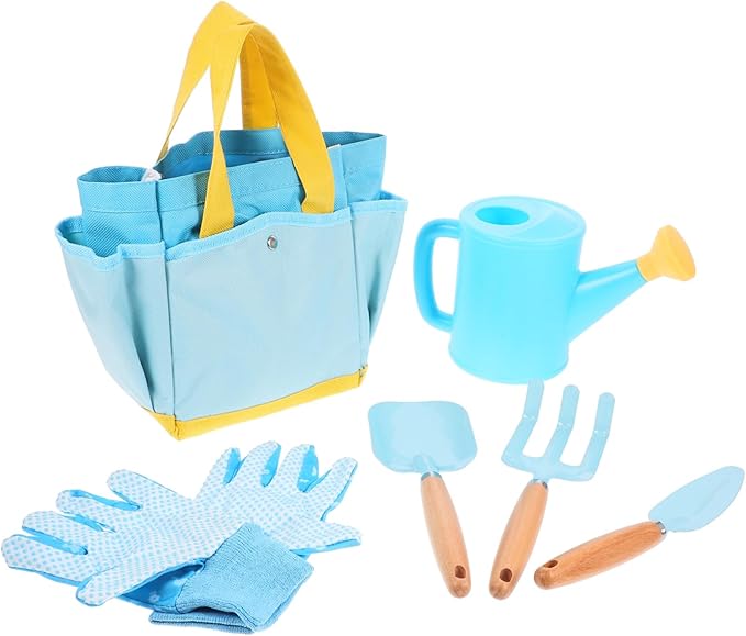 Garden Tool Set with Shovel Small Rake Watering Pot Wooden Handles for Outdoor Planting Soil Digging Weeding Transplanting Play
