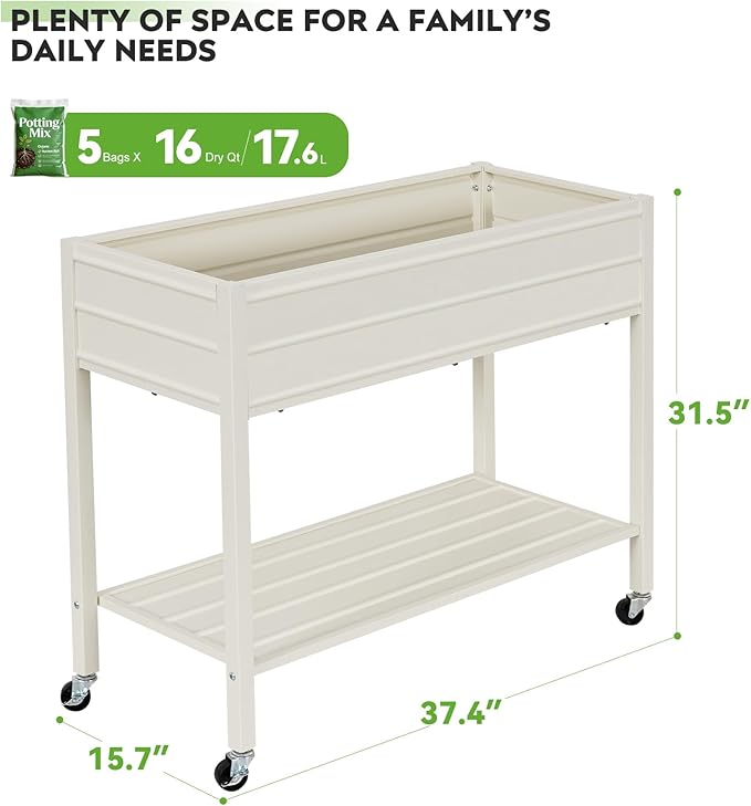 ZORMY 32 Tall Galvanized Raised Garden Bed with Legs Wheels &amp Shelf Elevated Planter Box Outdoor for Vegetables Herbs &amp Flowers Patio &amp Backyard Garden Bed with 400lb CapacityWhite