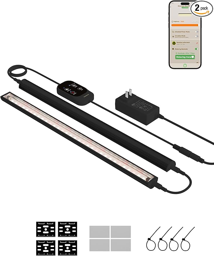 GLOWRIUM Smart Grow Lights for Indoor Plants with APP Full Spectrum Grow Lights for Seed Starting G6 Plant Light Strip with auto Timer 3 Angle dimming Levels for Plant Shelf 2-Pack (Black 16W)