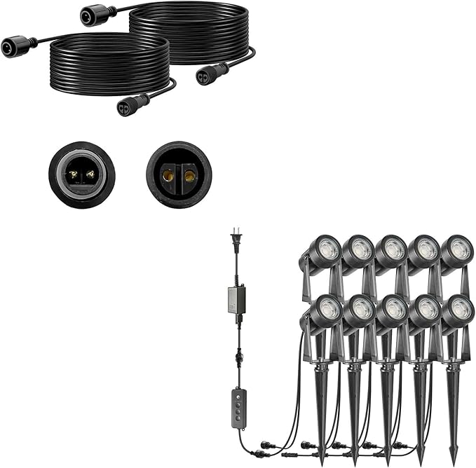 SUNTHIN 10 Pack Landscape Lighting with Dusk to Dawn Sensor Controller Bundle with 2pcs 6.5FT Extension Cord