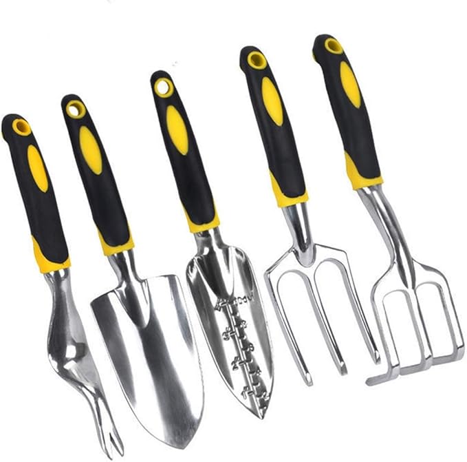 SagaSave Garden Tool Set 5 Pcs Heavy Duty Gardening Kit Include Aluminum Alloy Small Shovel Right Angle Fork Shovel Weeding Fork Transplanter Ideal Garden Tools Gift
