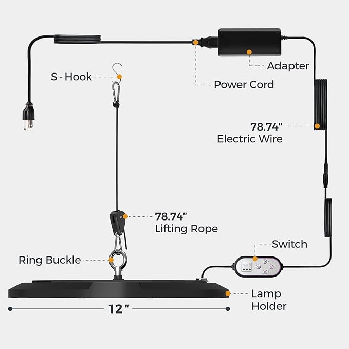 Bamworld Hanging Grow Light for Indoor Plants Full Spectrum 10 Dimmable Levels LED Grow Light Height Adjustable Long Cord Timer Garden Greenhouse Flowers Large Tall Plant Black