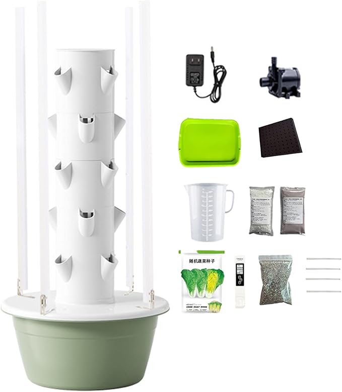 Indoor Hydroponic GardenTower with LED Grow Lights Self-Watering Hydroponics System with Pump Timer Controller Planting Kit for Growing Herbs &amp Vegetables 9LayerLED