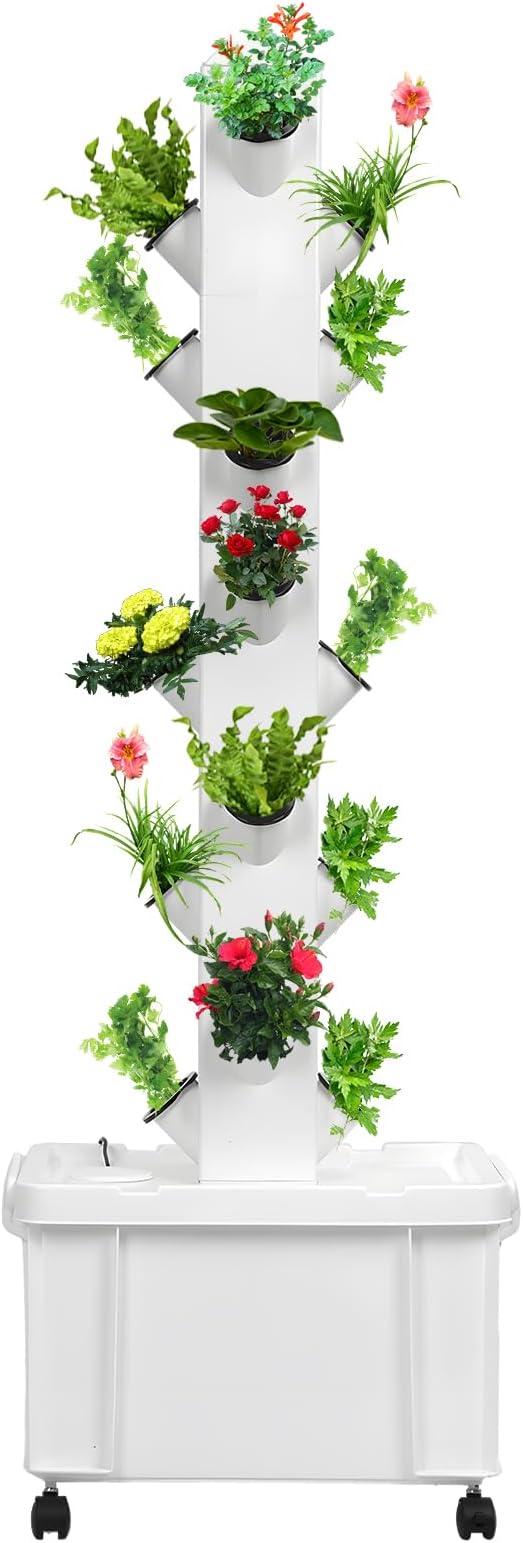 Hydroponic Tower Growing System Kit 5 Layers 20-Plants Vertical Planter Tower with Water Pump &amp Wheels Movable Automatic Watering Garden Tower for Vegetables Herbs Fruits