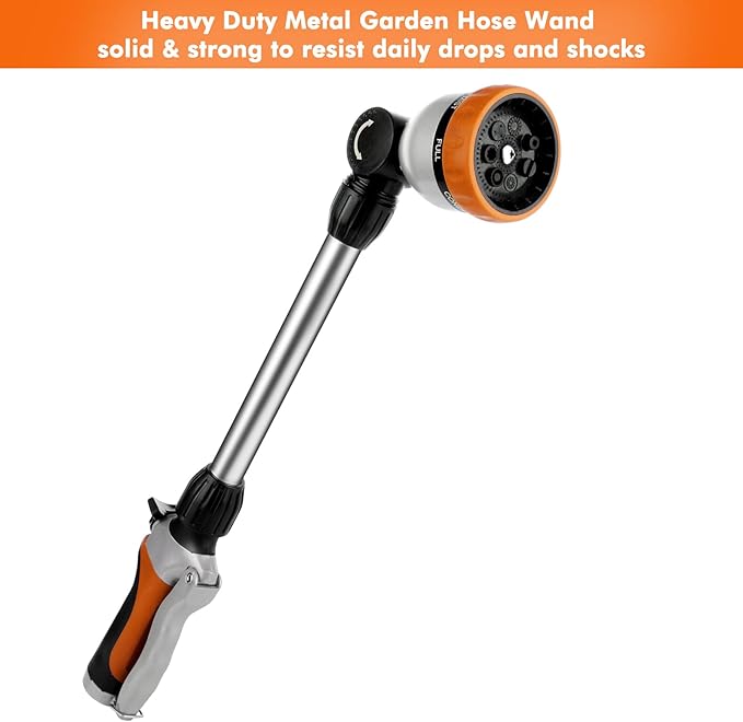 RESTMO Metal Watering Wand Heavy Duty Garden Hose Wand with 180° Swivel Ratcheting Head 16'' Hose Nozzle Sprayer with 7 Spray Patterns and Flow Control for Water Hanging Baskets and Shrubs Orange