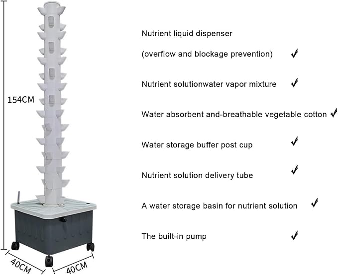 Hydroponics Tower Aquaponics Grow System Garden Tower Aeroponics Growing Kit for Herbs Fruits and Vegetables with Hydrating Pump Adapter Net Pots