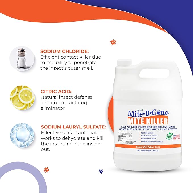 Mite Killer Spray - 1 Gal Natural Mite Treatment Kills Human Dust Chicken Poultry Bird Carpet &amp Rat Mites in Homes and Farm | Family &amp Pet Safe by Mite-Be-Gone