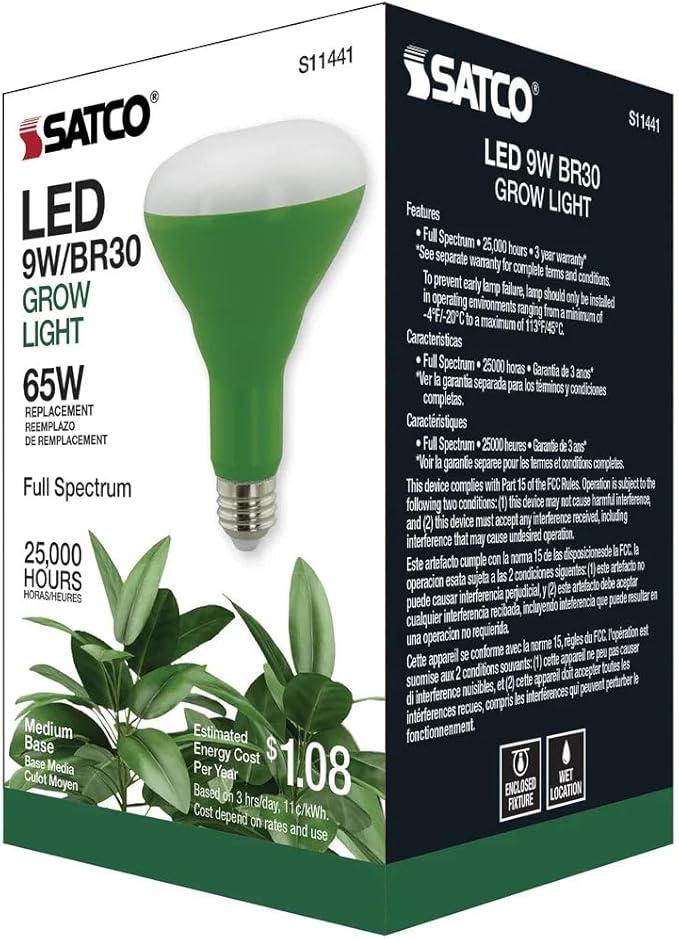 Satco (S11441 9 Watts Full Spectrum Plant Grow Lamp Medium Base 120 Volt Help Grow Ornament Plants and Succulents for Wet Rated Locations Neutral White (6 LED Light Bulbs)