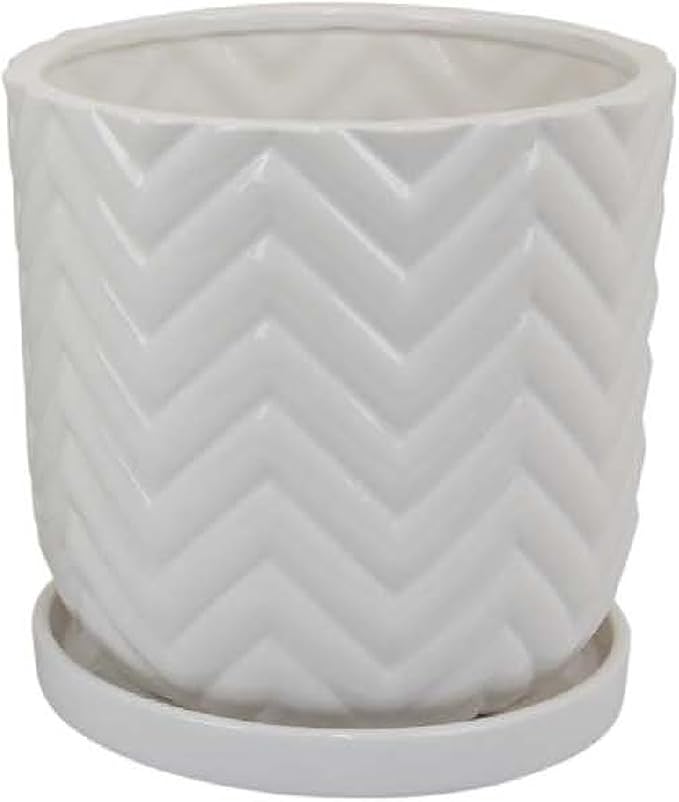 Planter Set of 2 Saucers Wave Patterns White Ceramic