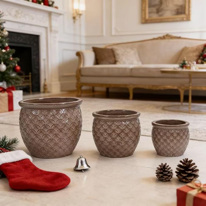 Handmade Glazed Ceramic Planter Set of 3 15139 Inch Diameter Ring Pattern for Monstera and Fiddle Leaf Fig Outdoor G Indoor Staircase Use Breathable Clay Beige