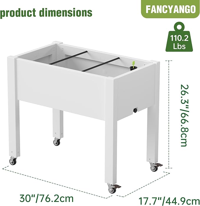 Raised Garden Bed with Legs 26.3 Tall Elevated Planter Box with Drainage Holes Water Gauge Lockable Wheels Weatherproof Resin Design for Vegetables and Flowers for Backyard Patio Balcony(White)