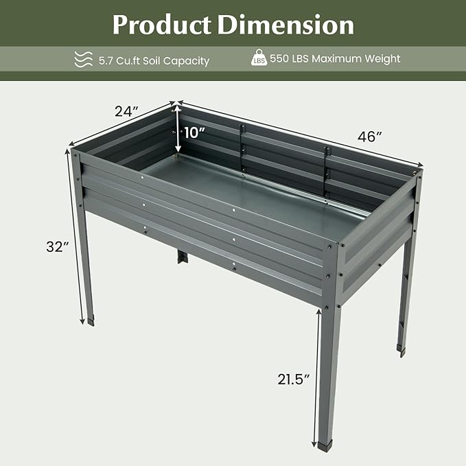 HAPPYGRILL Raised Garden Bed Galvanized Garden Box with Legs Drainage Holes 2 Gloves Outdoor Planter Box for Garden Backyard &amp Patio 46”x 24” x 32” Grey