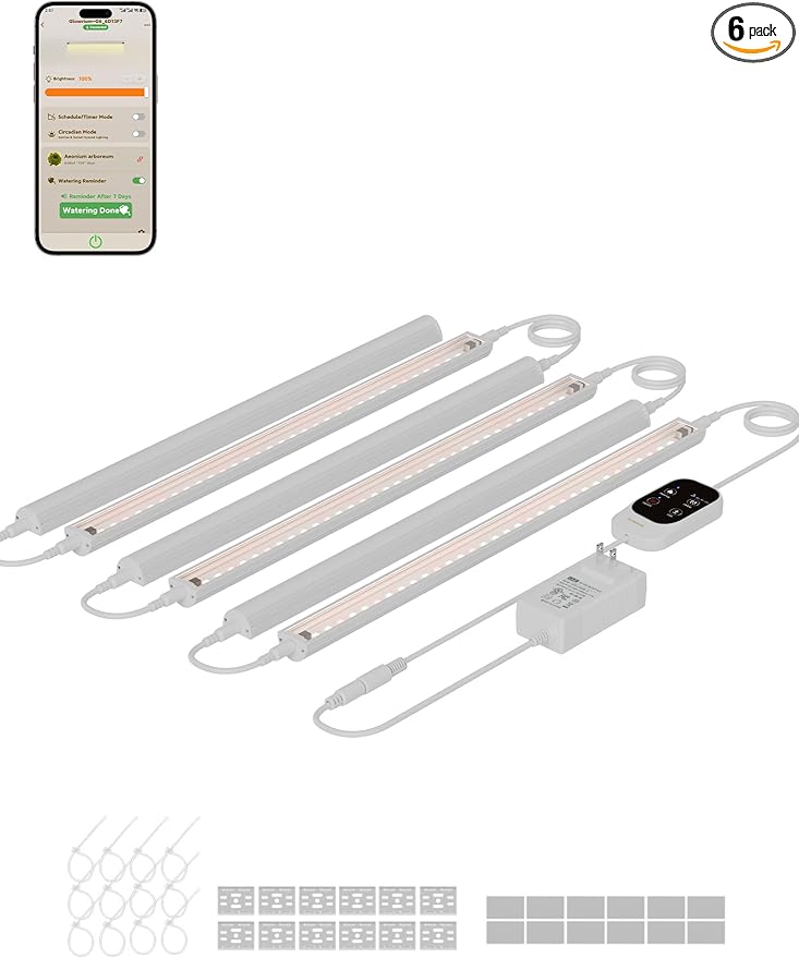GLOWRIUM Smart Grow Lights for Indoor Plants with APP Full Spectrum Grow Lights for Seed Starting G6 Plant Light Strip with auto Timer 3 Angle dimming Levels for Plant Shelf 6-Pack (White 48W)