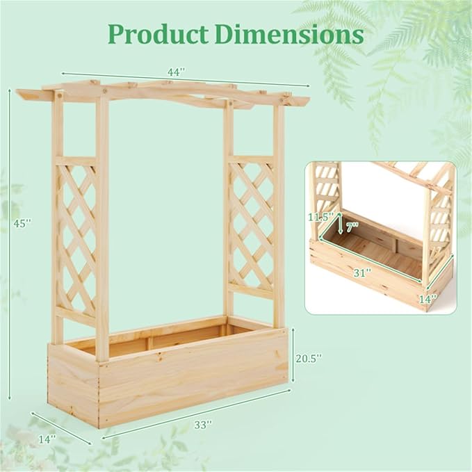 Pine Wood Garden Bed with Trellis Wooden Planter BoxArden Bed with Sided Trellis &amp Hanging Roof Wood Planter Box Freestanding Garden Planter Raised Bed for Flowers Herbs Climbing Vines