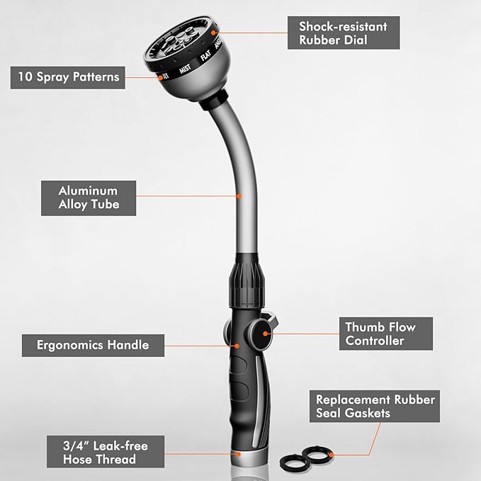 RESTMO Watering Wand Heavy Duty Metal Garden Hose Wand with Thumb Flow Control 15-Inch Long Hose Nozzle Sprayer with 10 Spray Patterns Ideal to Water Hanging Baskets and Shrubs Silver