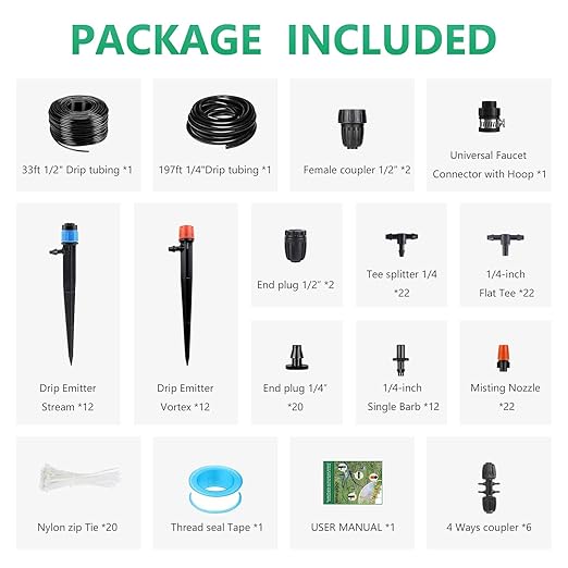 240FT Drip Irrigation System Kit Drip Irrigation System for Garden with 1/4 Irrigation Tubing DIY Saving Water Automatic Watering System for Greenhouse Yard Lawn Plant