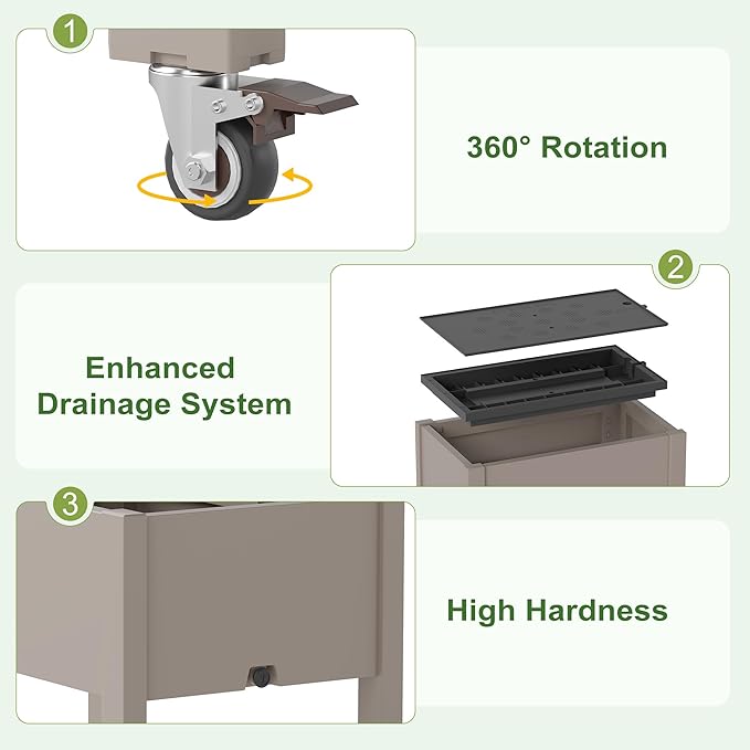 Raised Garden Bed with Legs 26.3 Tall Elevated Planter Box with Drainage Holes Water Gauge Lockable Wheels Weatherproof Resin Design for Vegetables and Flowers for Backyard Patio Balcony(Gray)
