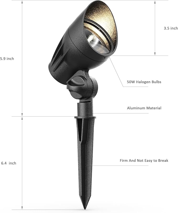 Low Voltage Landscape Spotlight 50W Halogen Floodlight 12V Metal Landscape Light 380 Lumen 3000K Warm White with Replaceable Bulb Spike Stake and Connector for Garden Yard Lawn Driveway