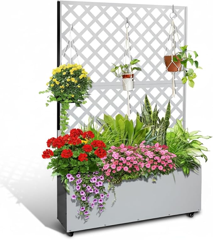 CuisinSmart Metal Raised Garden Bed with Trellis and Wheels 72.83x46.46x11.81 Planter Box for Climbing Plants Vegetables &amp Vines Features Drainage Holes and Privacy Screen