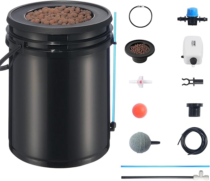 VEVOR DWC Hydroponics Grow System Hydroponic Growing System with Top Drip Kit 5-Gallon Deep Water Culture with Air Pump Air Stone and Water Level Device for Leafy Vegetables(1 Bucket+Top Drip Kit)