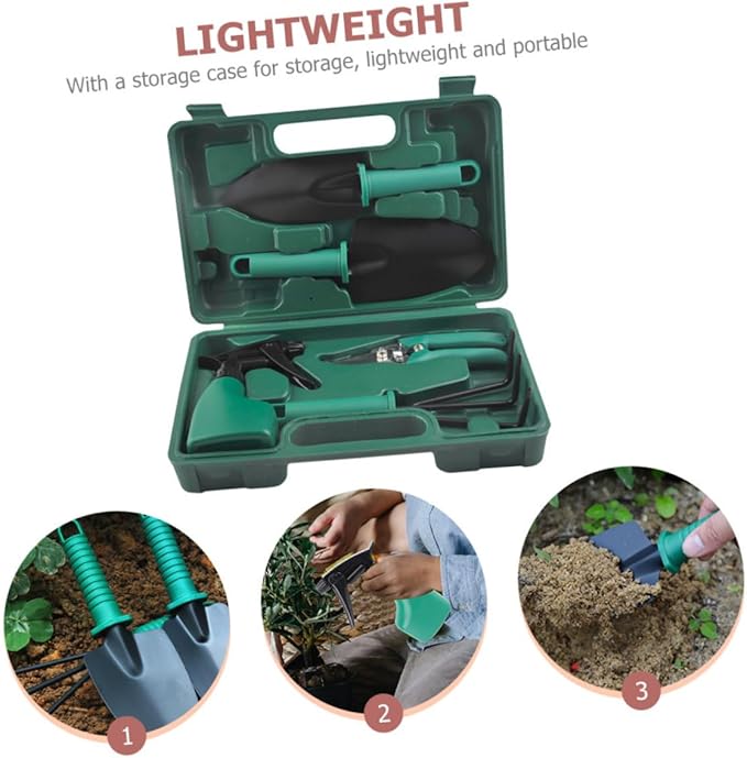 SUPVOX Stainless Steel Gardening Shovel and Rake 5pcs Garden Tool Set with Carrying Case for Planting and Outdoor Lawn Care