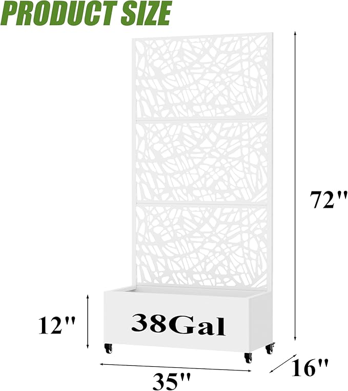 Casaphoria Metal Raised Garden Bed with Trellis and Wheels 72x35x16 Planter Box for Climbing Plants Vegetables &amp Vines Features Drainage Holes and Privacy Screen White-Net