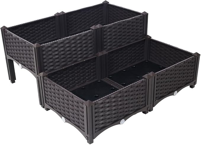 4 Piece Raised Garden Bed Self-Watering Planter Box Raised Bed with Legs and Drainage Holes Flower Vegetable Standing Planter Box for Outdoor Indoor Plants Herbs and Flowers (Black)