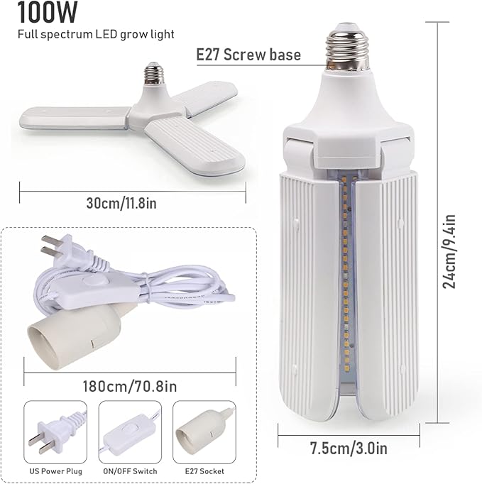 xingruyu 2 Pack 150W LED Grow Light Bulb Foldable Sunlike Full Spectrum Grow Light for Indoor Plants 414 LEDs Sunlike Plant Light with Power Cord E27 Plant Lamp for FlowersGreenhouse Hydroponic